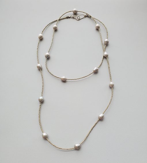Long gray freshwater pearl silver necklace handmade by Carrie Whelan Designs