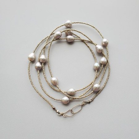 Long gray pearl necklace handmade by Carrie Whelan Designs