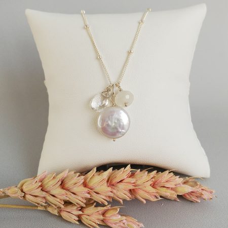 Coin pearl and moonstone cluster pendant necklace in sterling silver handcrafted by Carrie Whelan Designs