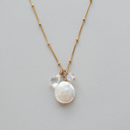 Coin pearl and moonstone cluster pendant necklace in 14kt gold fill handmade by Carrie Whelan Designs
