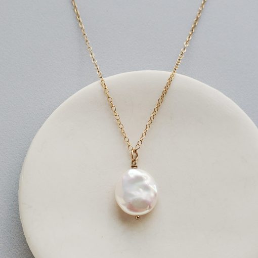Freshwater coin pearl pendant in 14kt gold fill handmade by Carrie Whelan Designs