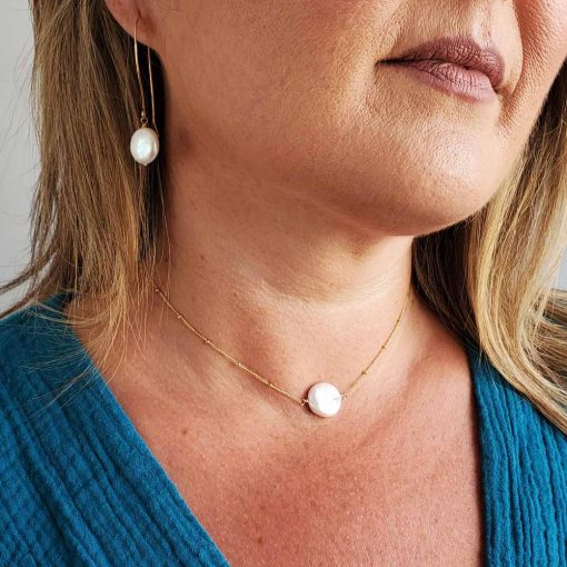 Freshwater coin pearl jewelry in 14kt gold fill handcrafted by Carrie Whelan Designs