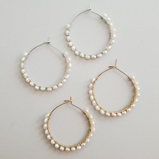 Handcrafted freshwater pearl wrapped silver hoop earrings in silver or gold by Carrie Whelan Designs