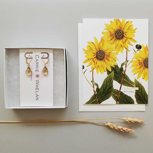 Sunflower card with fall jewelry gift idea from Carrie Whelan Designs