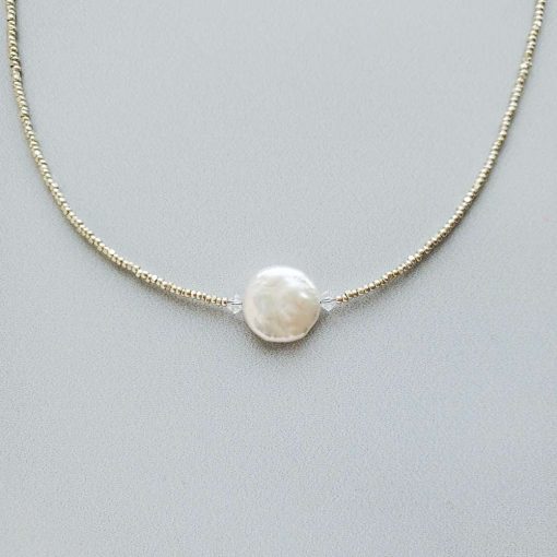 Coin pearl, crystal and glass bead necklace in silver