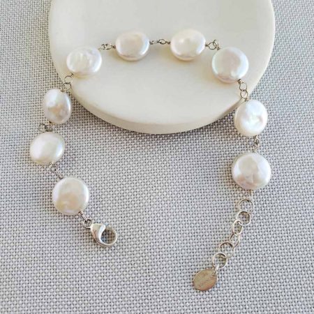 White coin pearl bracelet in sterling silver handmade by Carrie Whelan Designs