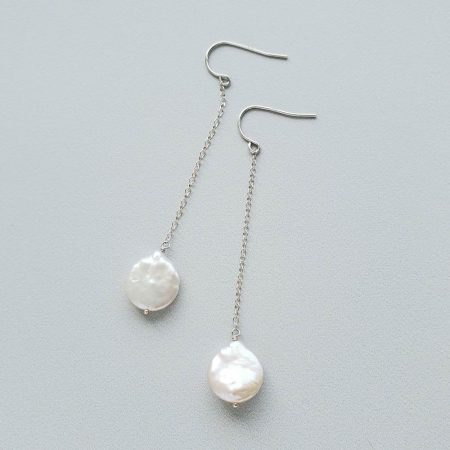 Coin pearl chain earring sin sterling silver handcrafted by Carrie Whelan Designs