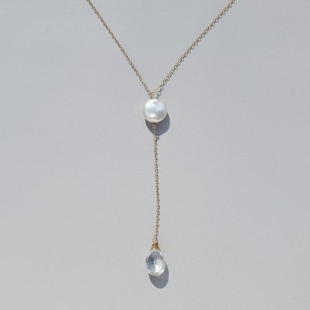 Coin pearl lariat necklace in gold fill handmade by Carrie Whelan Designs