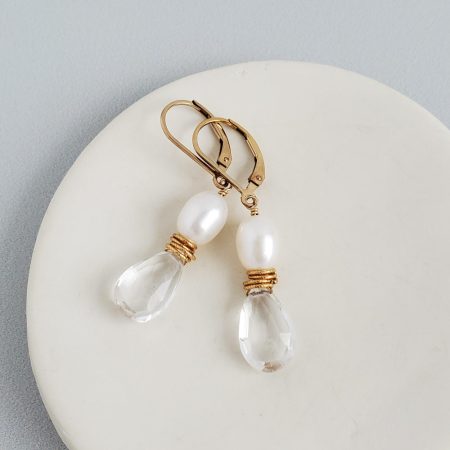 Quartz tear drop and pearl earrings handcrafted by Carrie Whelan Designs