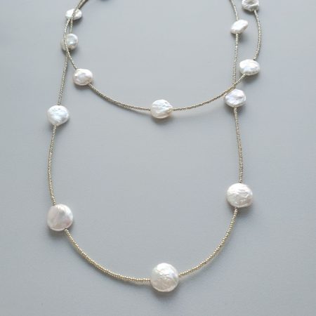 Long Coin Pearl Necklace in sterling silver handmade by Carrie Whelan Designs