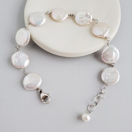 White coin pearl bracelet in sterling silver handmade by Carrie Whelan Designs