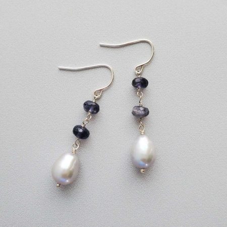 Gray pearl and iolite earrings in silver by Carrie Whelan Designs