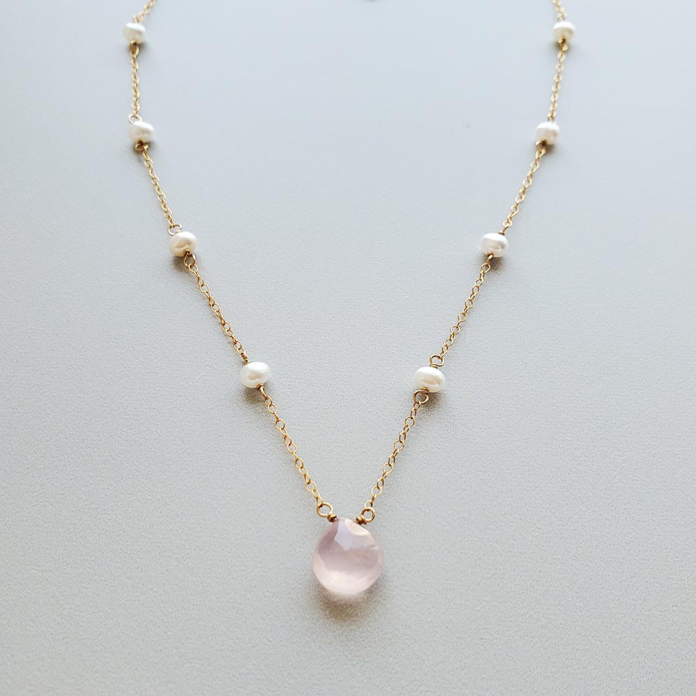 Pearl and rose quartz necklace in gold fill By Carrie Whelan Designs
