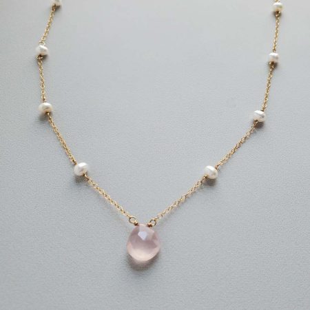 Pearl and rose quartz necklace in gold handmade by Carrie Whelan Designs