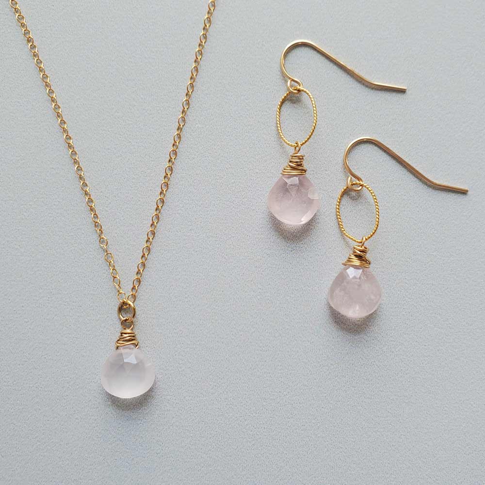 Rose quartz necklace and earrings set in gold by Carrie Whelan Designs