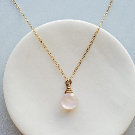 Rose quartz necklace in gold by Carrie Whelan Designs