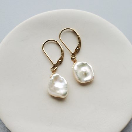 Keshi pearl earrings in gold handmade by Carrie Whelan Designs