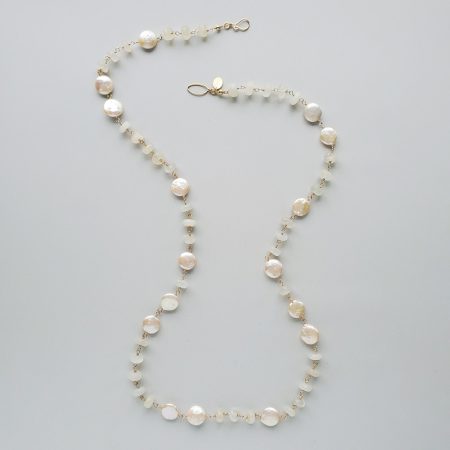 Long coin pearl and moonstone necklace in gold by Carrie Whelan Designs