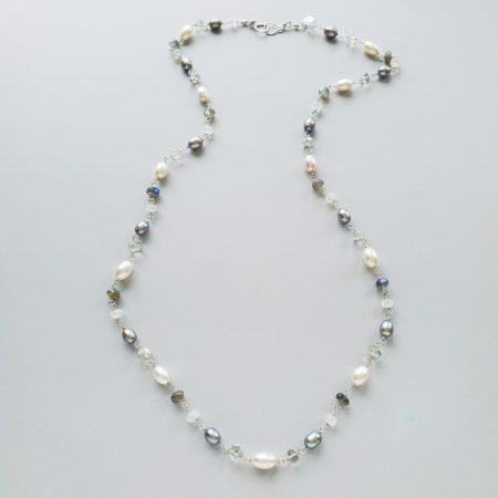 Long pearl and gemstone necklace wire wrapped in silver by Carrie Whelan Designs