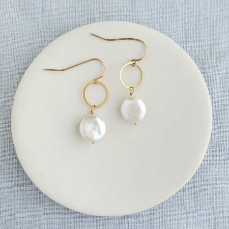 coin pearl on gold link earrings