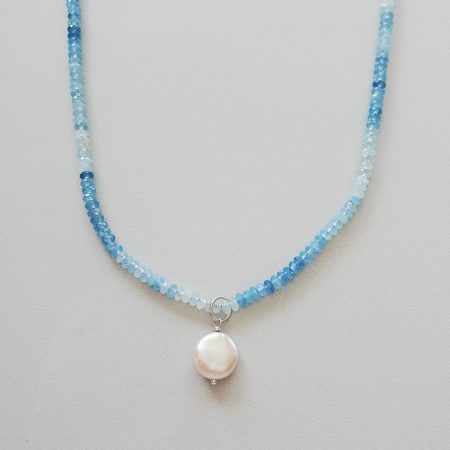 Aquamarine beaded necklace with pearl charm dangle